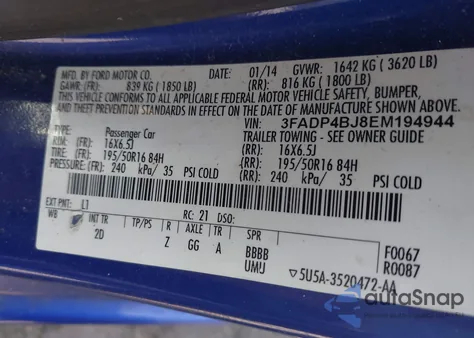 2014 Ford Fiesta Se z USA, uszkodzony, nr VIN 3FADP4BJ8EM194944